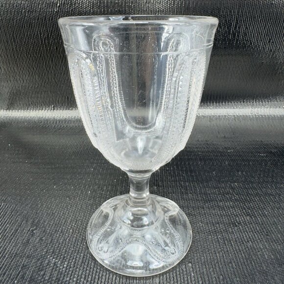 1880s EAPG Adams Glass Curtain Tie Back Goblets Set 2 Manganese 365nm UV Glow - Picture 11 of 16